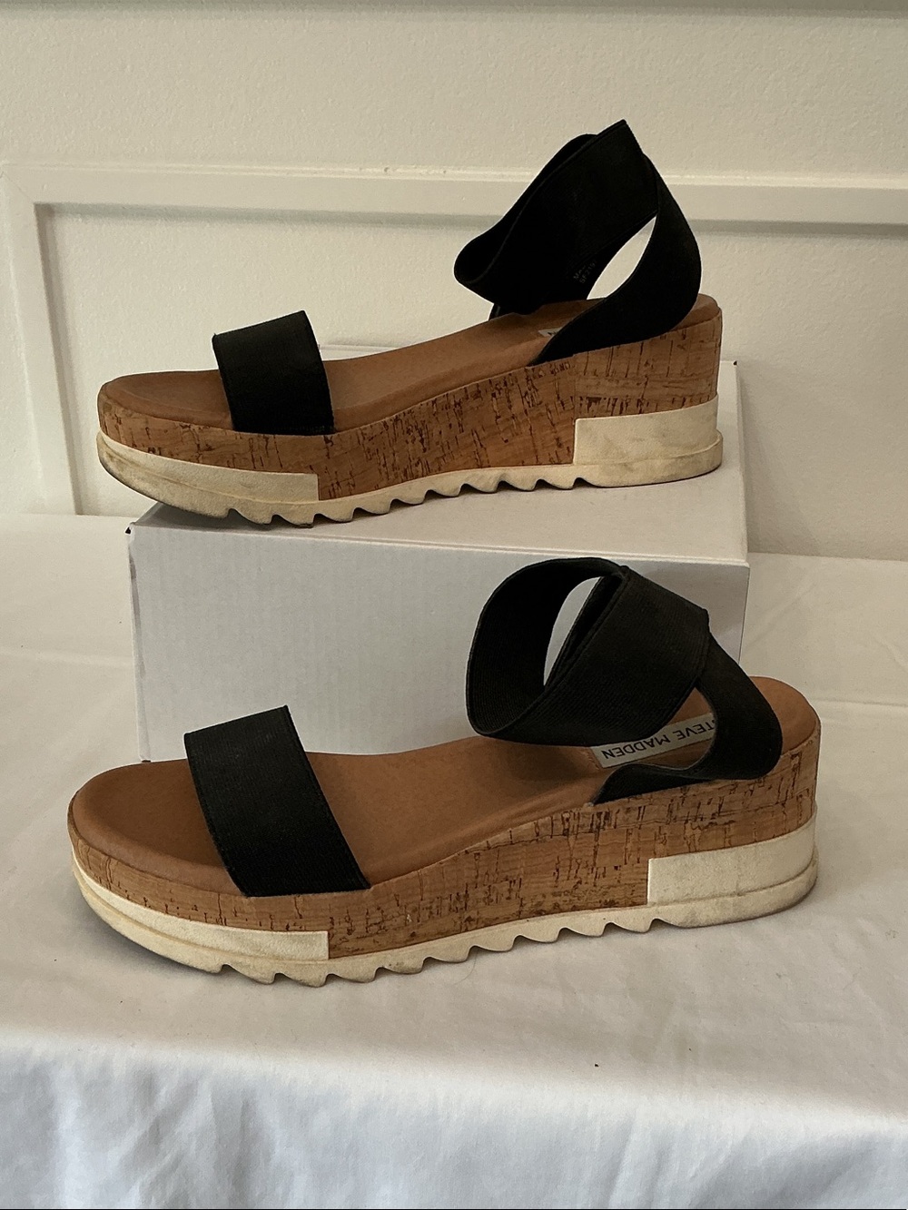 Steve Madden Black Cork Platform Sandals with White Outsole